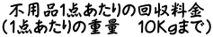 不用品１点あたりの回収料金 （1点あたりの重量　１０Kgまで）